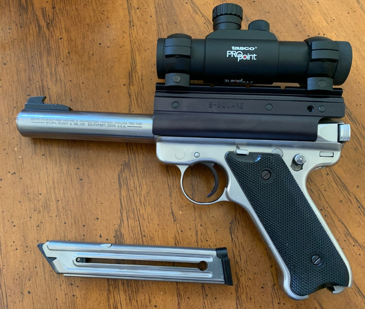 Ruger Mark Ii Stainless Steel W Tasco Accu Dot Red Dot Mounted On B Square Top Rail System