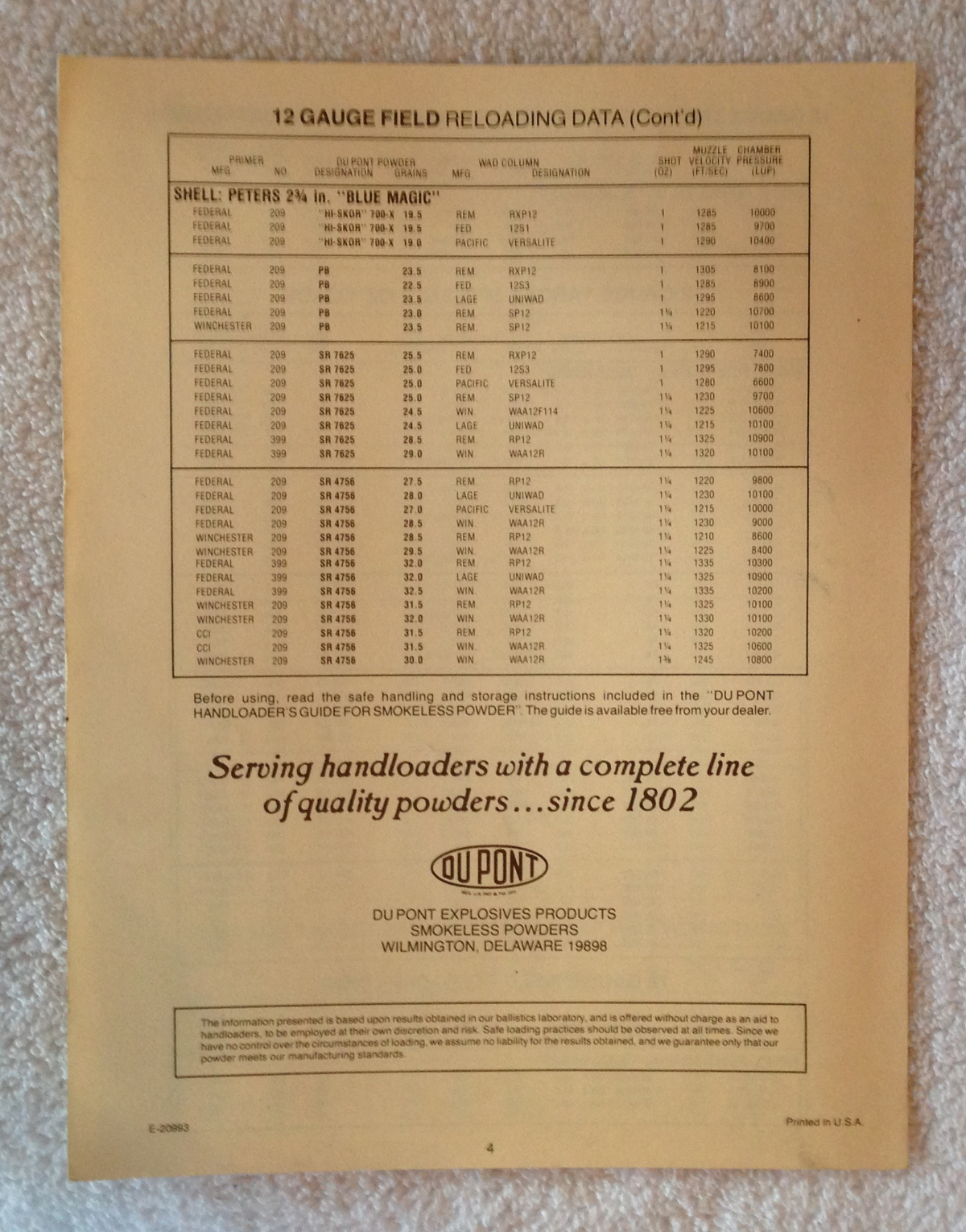 DUPONT NEW RELOADING DATA 12 GAUGE TARGET LOADS IMR 4831 RIFLE LOADS A ...