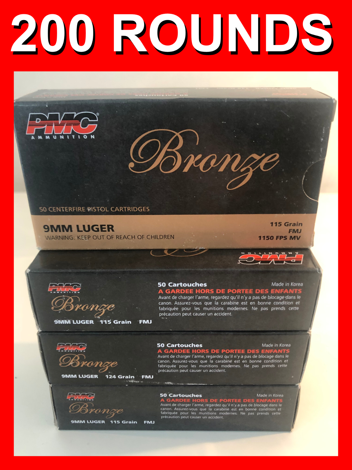 PMC Ammunition 4 Boxes - PMC Bronze 9mm Luger Ammunition - 115/124 ...