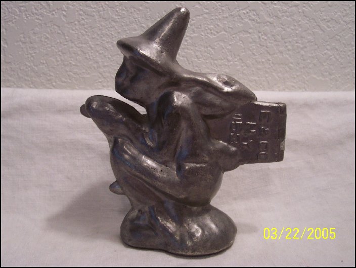 Antique Witch On Broom Pewter Ice Cream Mold For Sale at