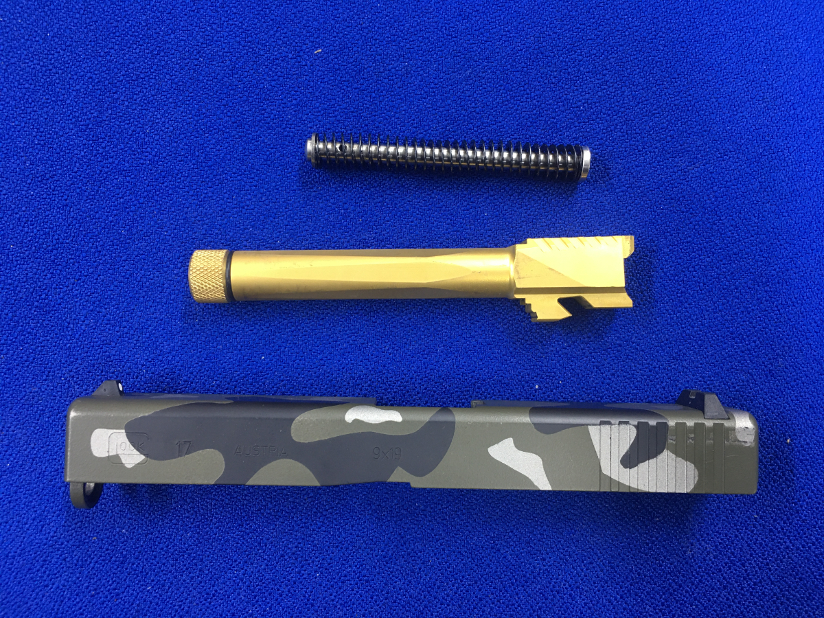 Glock 17 CAMO SLIDE W/ GOLD THREADED BARREL & SOLID STEEL GUIDE ROD ...