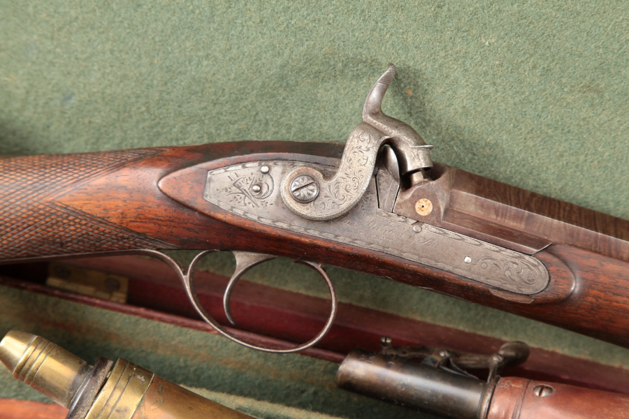 John Manton & Son Cased Single Shot Percussion, Damascus 32” - Sporting Shotgun & Access., MFD 1817 Antique - Picture 4