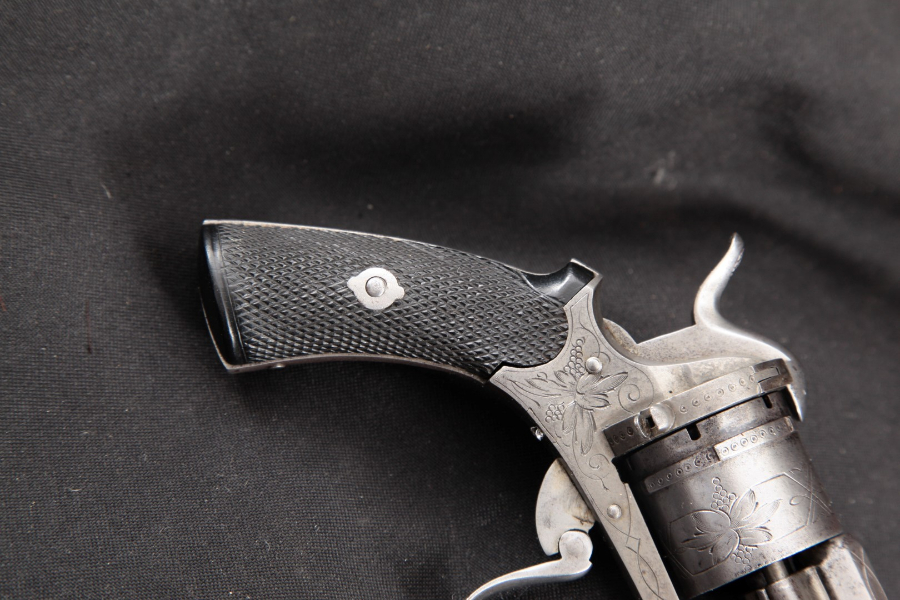 Belgian - Lefaucheux Style 7.7mm Pinfire Pocket Pistol Folding Trigger, Engraved 3 ½” Double Action Revolver MFD 1866-77 Antique - Picture 3