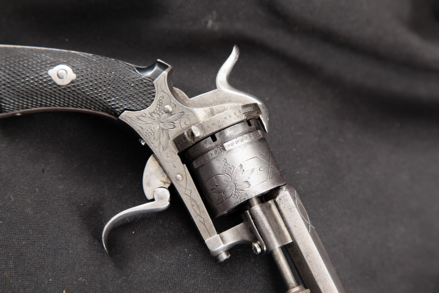 Belgian - Lefaucheux Style 7.7mm Pinfire Pocket Pistol Folding Trigger, Engraved 3 ½” Double Action Revolver MFD 1866-77 Antique - Picture 4