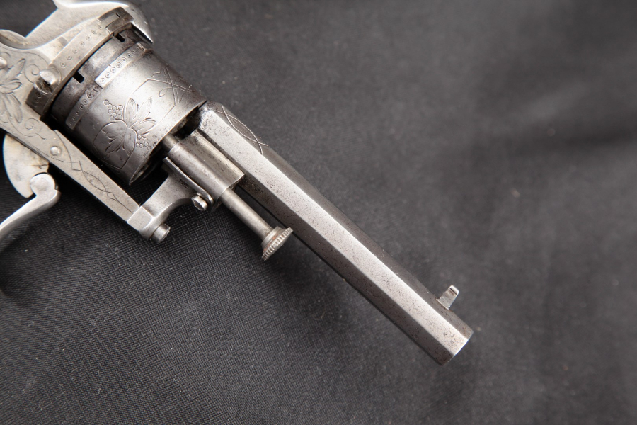 Belgian - Lefaucheux Style 7.7mm Pinfire Pocket Pistol Folding Trigger, Engraved 3 ½” Double Action Revolver MFD 1866-77 Antique - Picture 5