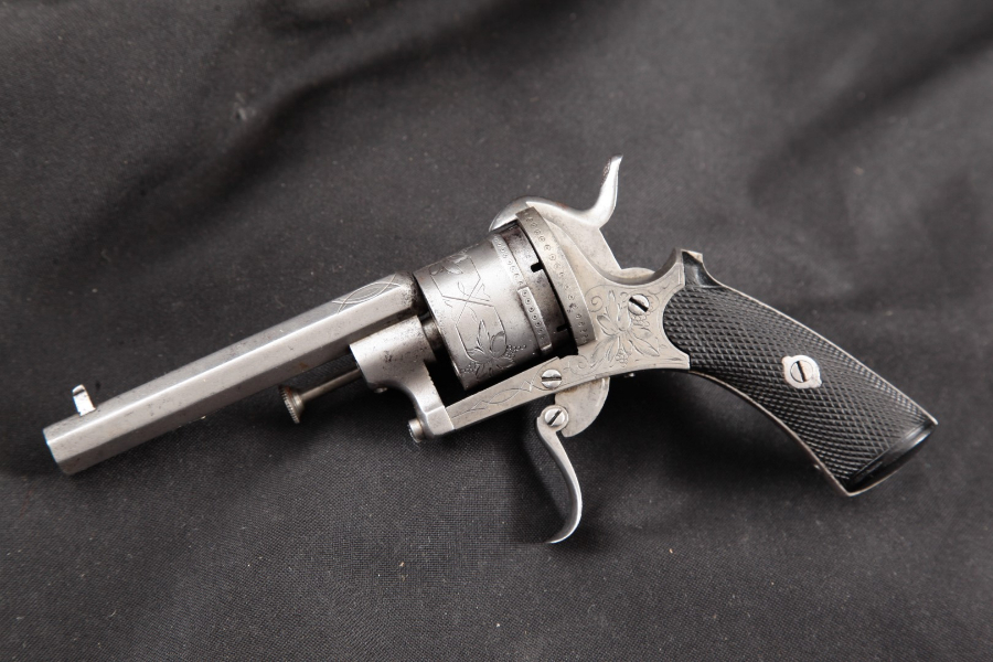 Belgian - Lefaucheux Style 7.7mm Pinfire Pocket Pistol Folding Trigger, Engraved 3 ½” Double Action Revolver MFD 1866-77 Antique - Picture 6
