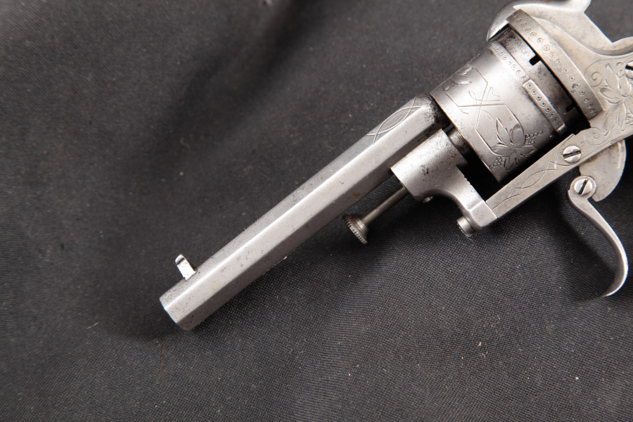 Belgian - Lefaucheux Style 7.7mm Pinfire Pocket Pistol Folding Trigger, Engraved 3 ½” Double Action Revolver MFD 1866-77 Antique - Picture 9