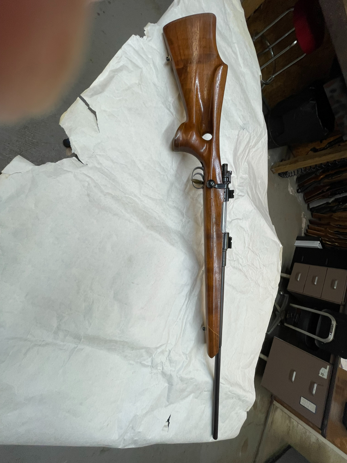 Bench rest rifle. 7mm Mauser (7x57) cal. Thumbhole walnut stock. 7mm ...