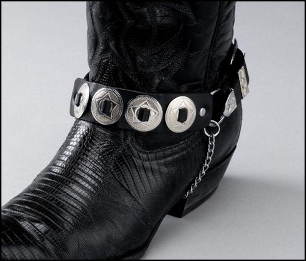 Cowboy Black Leather Boot Chains W/Silver Conchos For Sale at