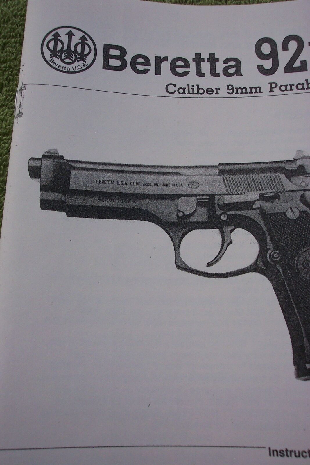 Beretta 92 FS 9MM CALIBER PISTOL INSTRUCTION OWNER
