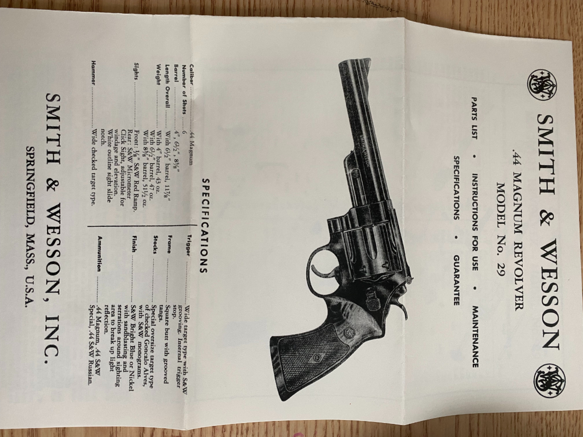 SMITH & WESSON .44 MAGNUM MODEL 29 Revolver Handgun Owners Manual 