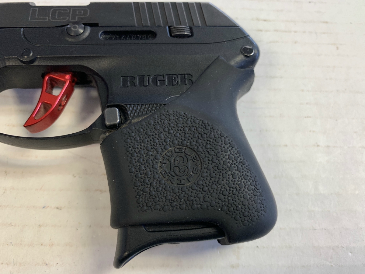 Ruger Lcp Custom Semi Auto Pistol With Red Custom Trigger And Rubber Grip Sleeve Nice 380 Acp 4885
