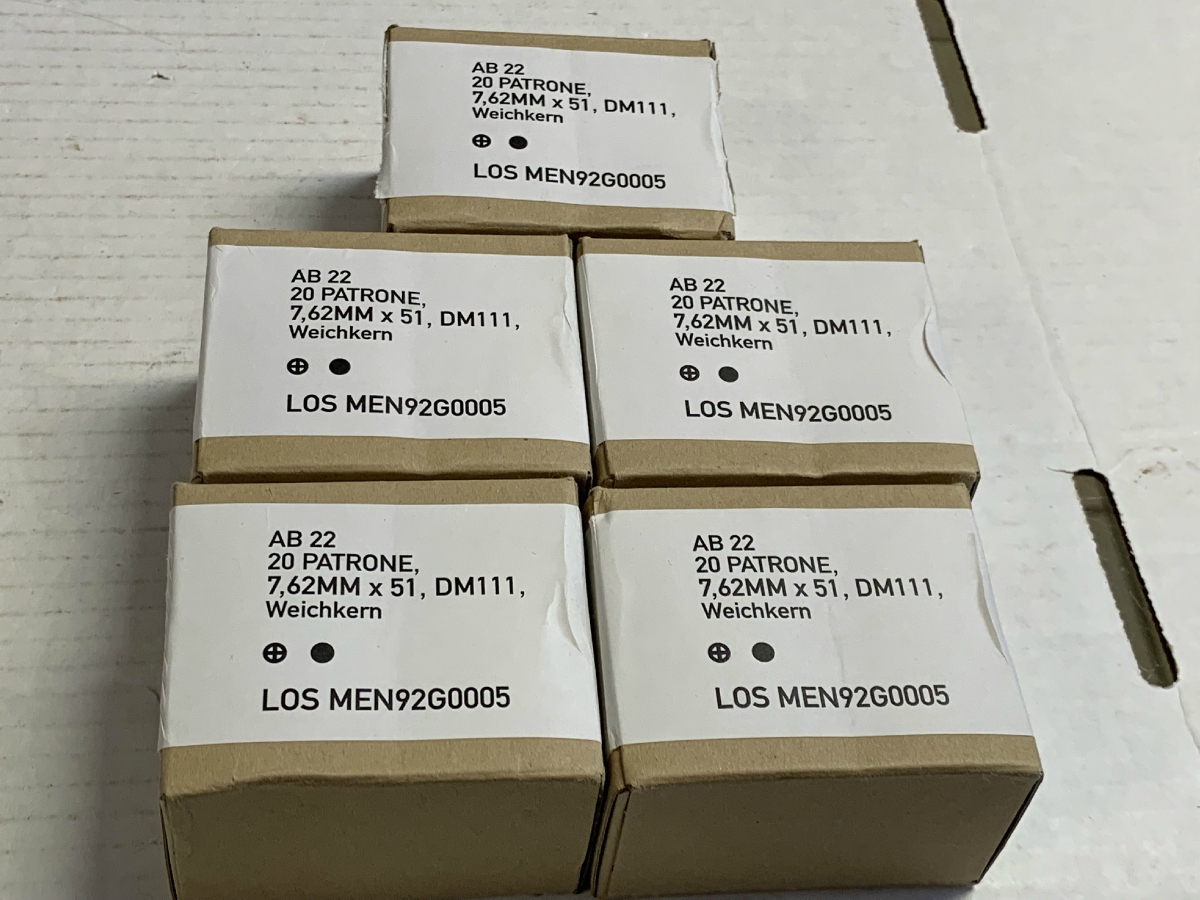 100 rounds 7 62x51 147 grain brass german men ammo new in 5 boxes of 20