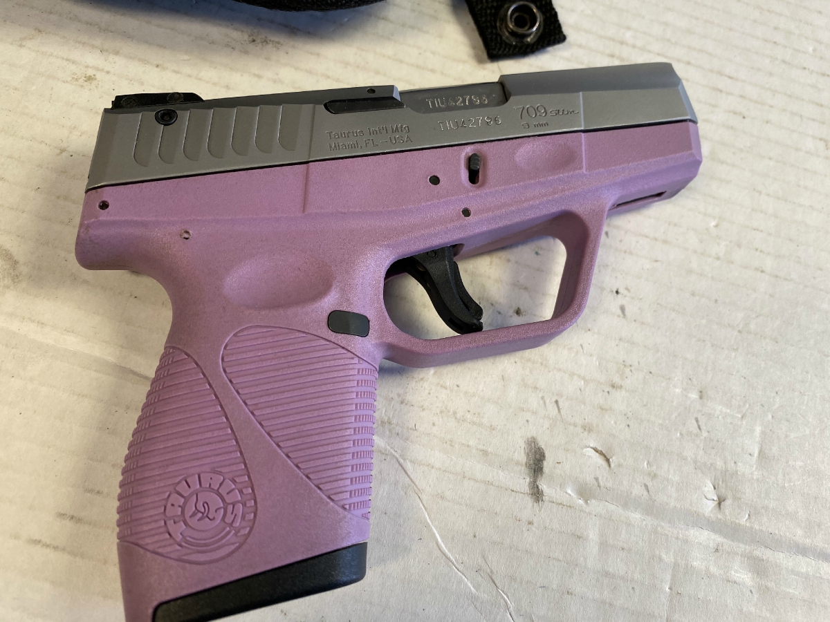 Taurus MODEL 709 SLIM PURPLE/STAINLESS ONE 7+1 MAGAZINE WITH MUDDY GIRL ...