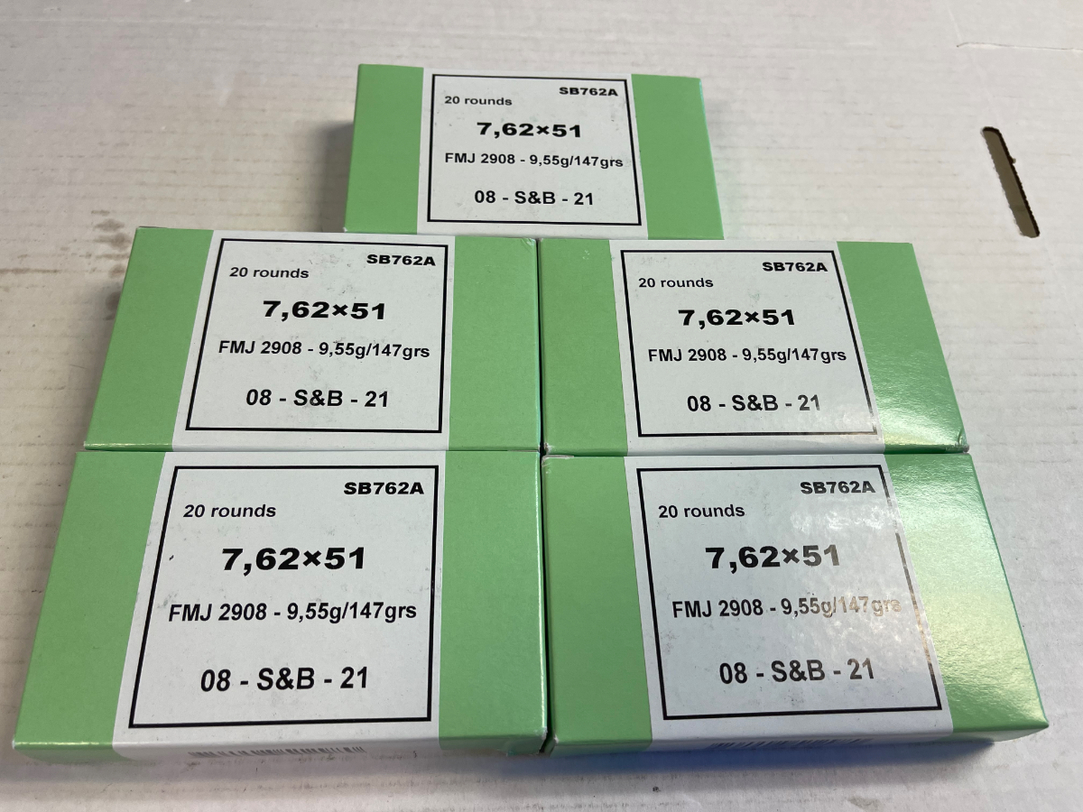 100 rounds s b 7 62x51 308 147 grain 5 boxes of 20 rounds each new
