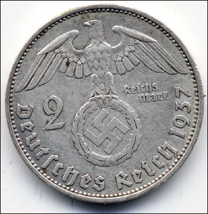 Wwii Hitler German Silver Coin With Swastika 1937